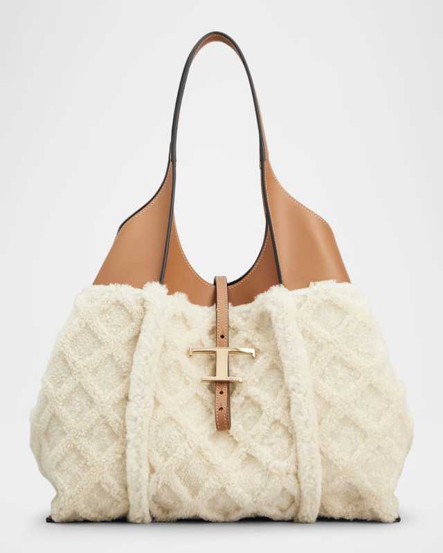 Leather & Faux Fur Shopping Tote Bag